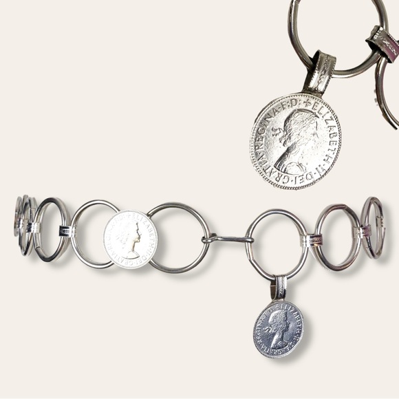 Vintage Accessories - Vintage British Silver Elizabeth Coin Money Chain Circle Waist Belt Boho Grunge
